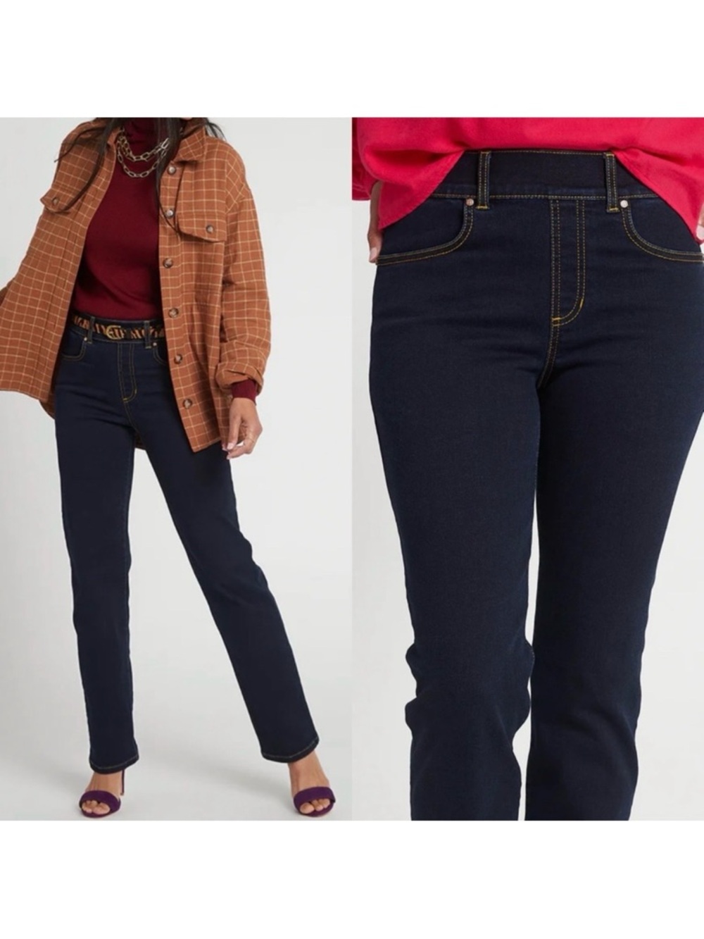 Betabrand Mission High-Rise Denim Straight Leg Pull On Jeans: Contrast Dark Blue